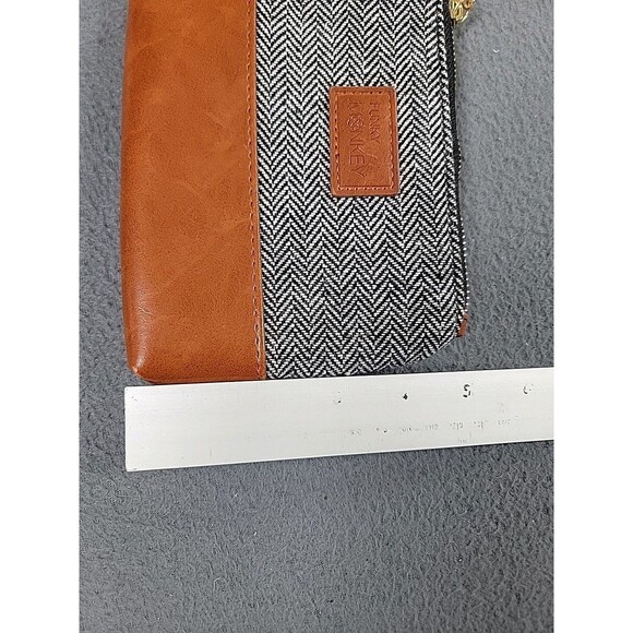 Funky Monkey Wristlet  Zippered Pouch Gray Herringbone Brown Tassel City Lined - Picture 5 of 10